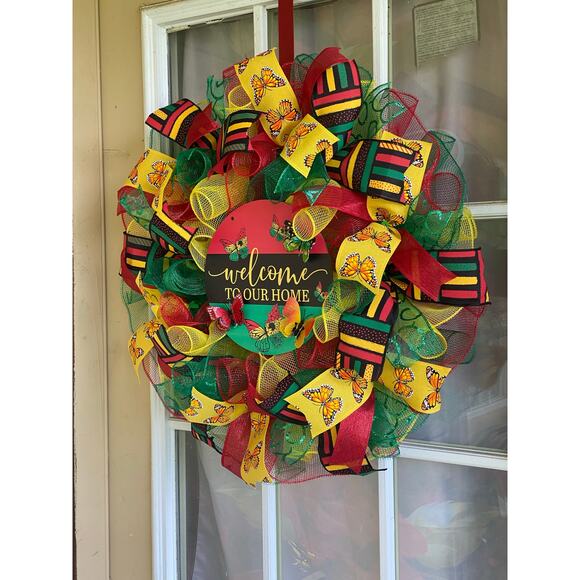 Juneteenth Butterfly Welcome Wreath, Red Yellow Green Rasta Style Door Decor - Picture 5 of 6